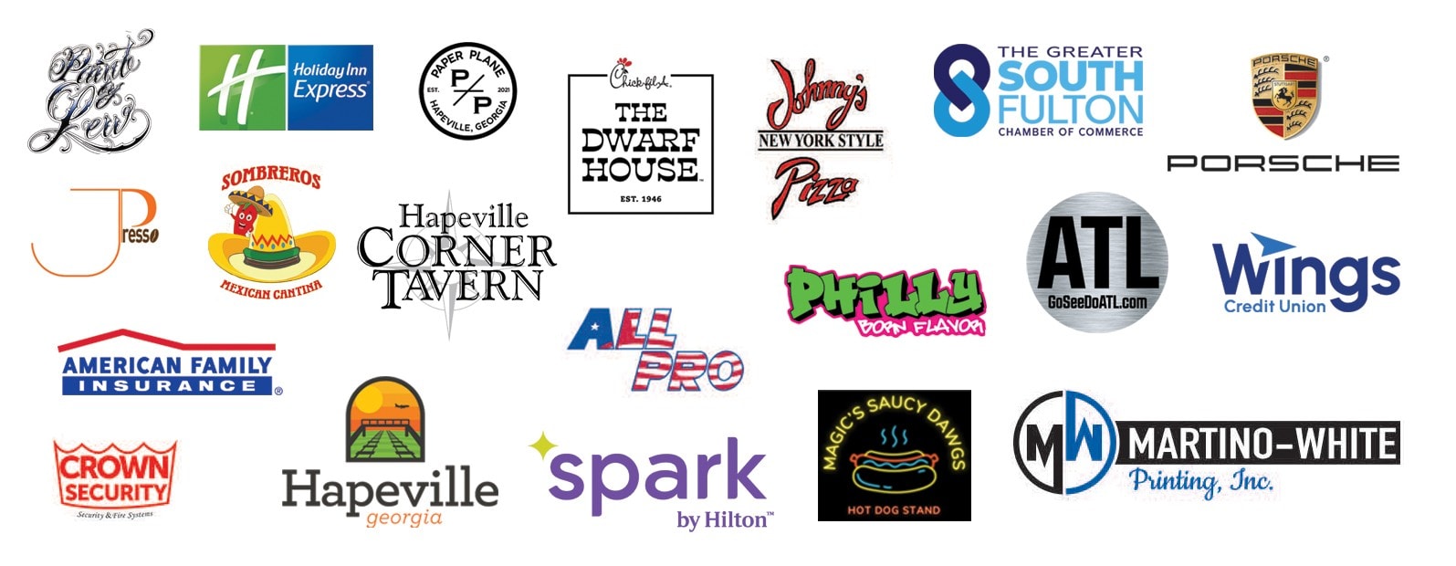 Coffee & Chrome 2026 sponsors including Paint & Rew, Holiday Inn Express, Paper Plane, Chick-fil-A Dwarf House, Johnny's New York Style Pizza, Greater South Fulton Chamber of Commerce, Porsche, Presso, Sombreros Mexican Cantina, Hapeville Corner Tavern, Philly Born Flavor, ATL GoSeeDoATL, Wings Credit Union, American Family Insurance, All Pro, Crown Security, Hapeville Georgia, Spark by Hilton, Magic's Saucy Dawgs, and Martino-White Printing